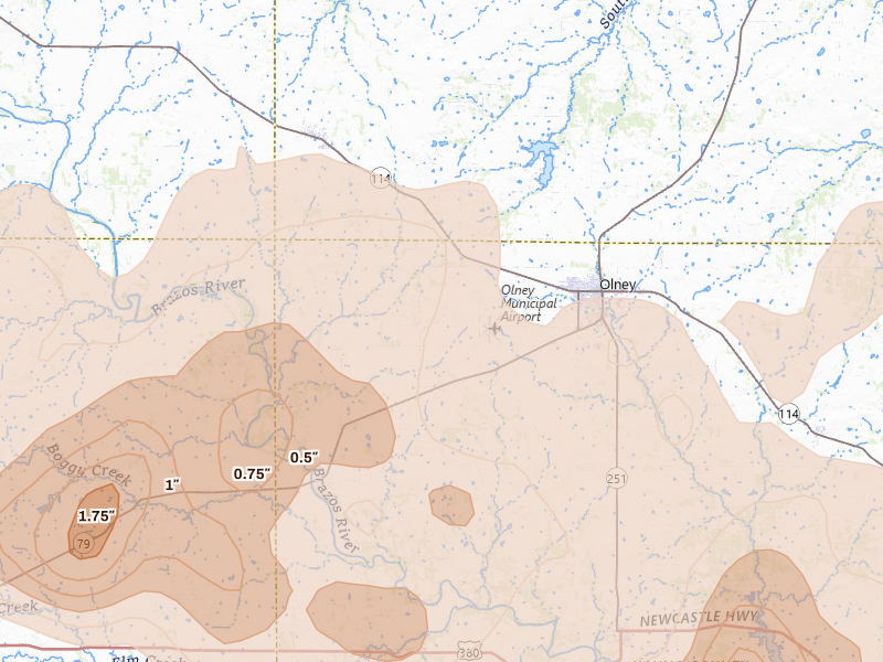 Radar-estimated hail-size map of the storm over Olney, TX on Jun 18, 2026