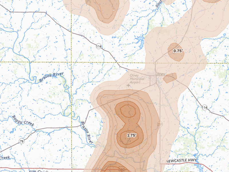 Radar-estimated hail-size map of the storm over Olney, TX on Jul 5, 2026