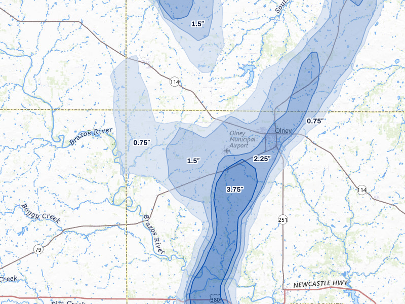 NEXRAD radar-signature map of the hail storm over Olney, TX on Jul 5, 2026