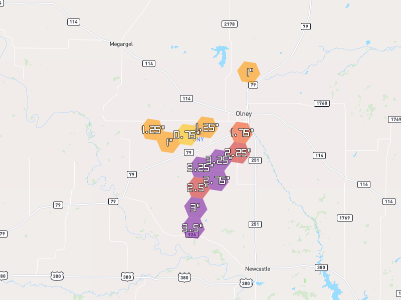 Hail map of Olney, TX on Jul 5, 2026, hail up to 3.5"
