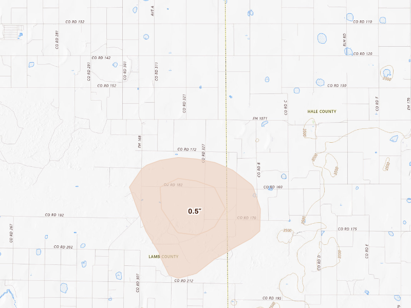Radar-estimated hail-size map of the storm over Olton, TX on Sep 21, 2026