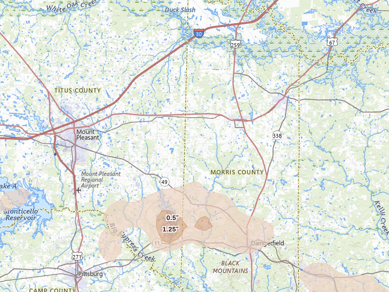 Radar-estimated hail-size map of the storm over Omaha, TX on Mar 15, 2026