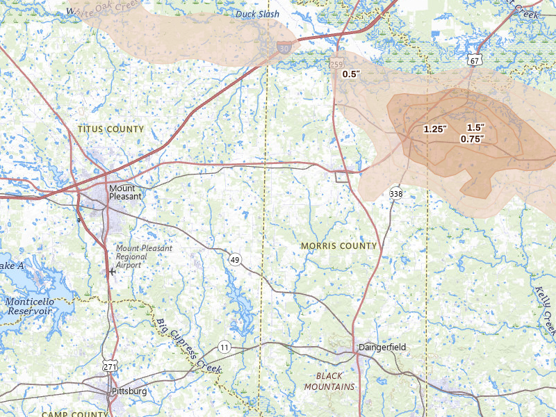 Radar-estimated hail-size map of the storm over Omaha, TX on Apr 29, 2026