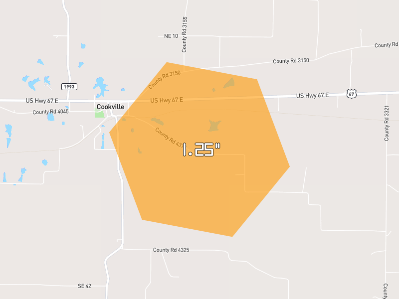 Hail map of Omaha, TX on Jun 2, 2026, hail up to 1.25"