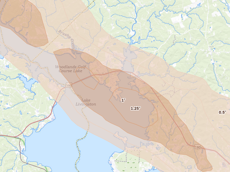 Radar-estimated hail-size map of the storm over Onalaska, TX on Mar 15, 2026