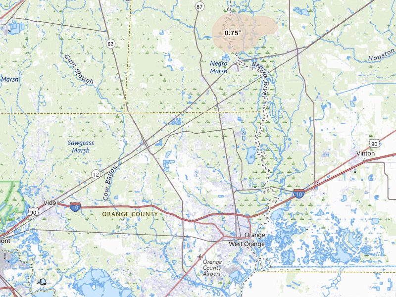 Radar-estimated hail-size map of the storm over Orange, TX on Jul 1, 2026