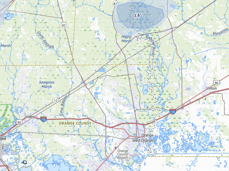 NEXRAD radar-signature map of the hail storm over Orange, TX on Jul 1, 2026