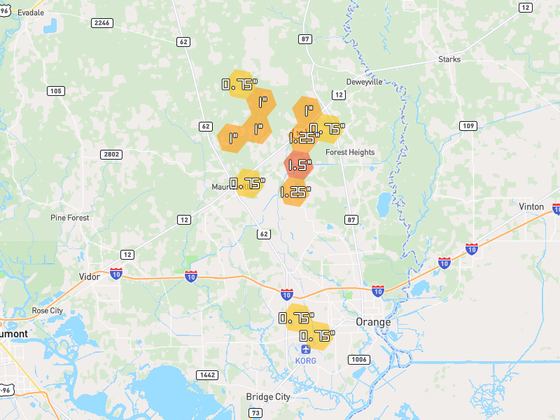 Hail map of Orange, TX on Jul 6, 2026, hail up to 1.5"