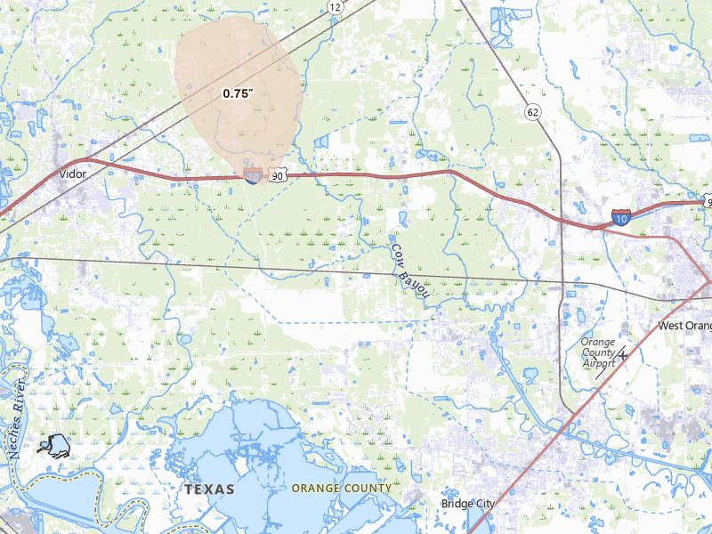 Radar-estimated hail-size map of the storm over Orange, TX on Jul 7, 2026
