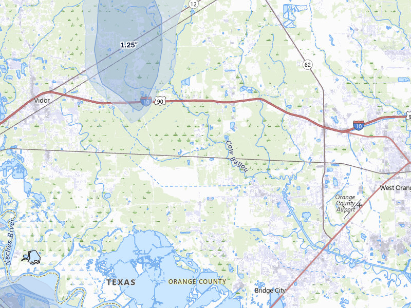 NEXRAD radar-signature map of the hail storm over Orange, TX on Jul 7, 2026