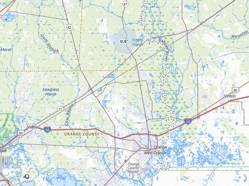 NEXRAD radar-signature map of the hail storm over Orange, TX on Jul 10, 2026