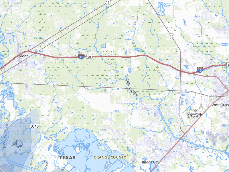 NEXRAD radar-signature map of the hail storm over Orange, TX on Jul 22, 2026