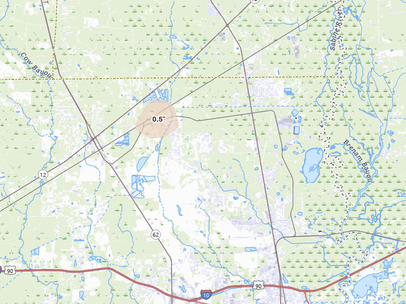 Radar-estimated hail-size map of the storm over Orange, TX on Aug 8, 2026