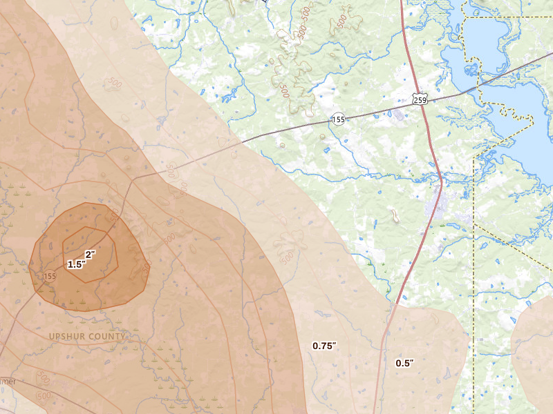 Radar-estimated hail-size map of the storm over Ore City, TX on Apr 24, 2026