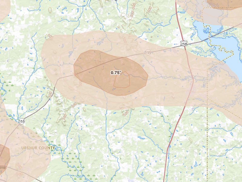 Radar-estimated hail-size map of the storm over Ore City, TX on May 8, 2026
