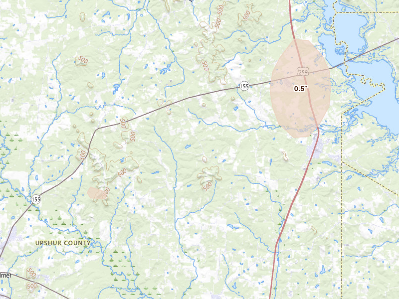 Radar-estimated hail-size map of the storm over Ore City, TX on May 22, 2026