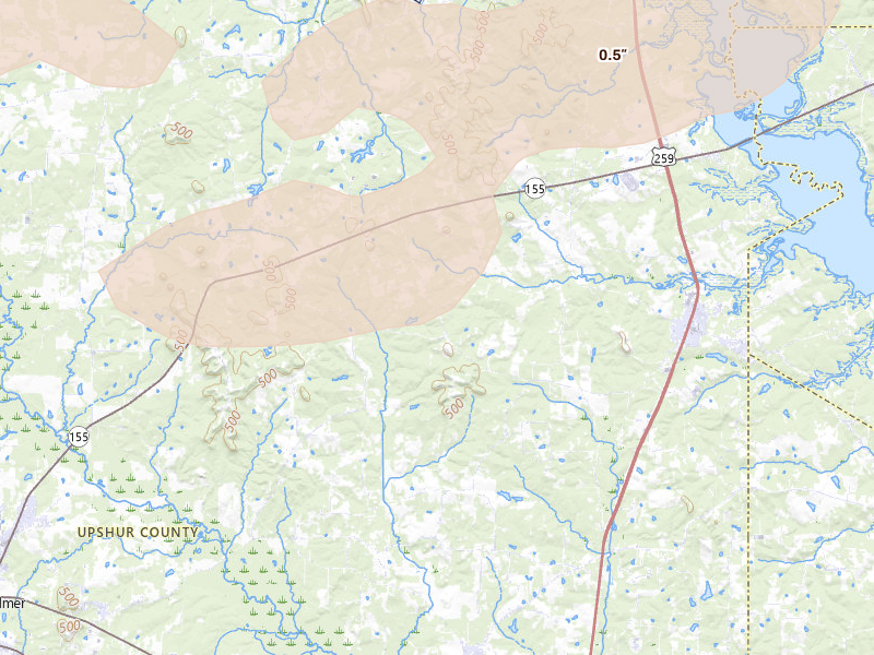 Radar-estimated hail-size map of the storm over Ore City, TX on Jun 23, 2026