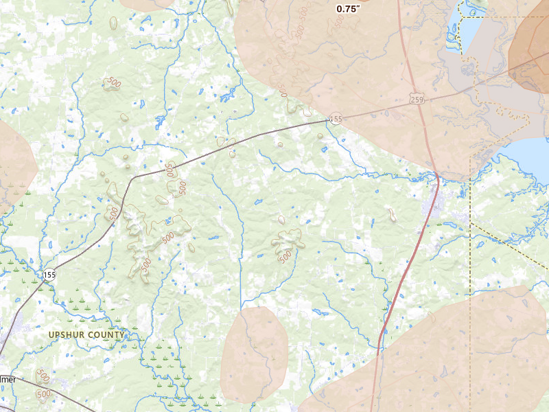 Radar-estimated hail-size map of the storm over Ore City, TX on Jul 6, 2026