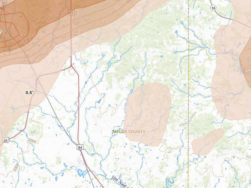 Radar-estimated hail-size map of the storm over Ovalo, TX on Mar 10, 2026