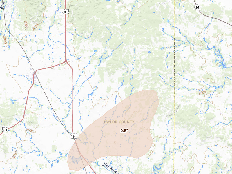 Radar-estimated hail-size map of the storm over Ovalo, TX on Apr 17, 2026