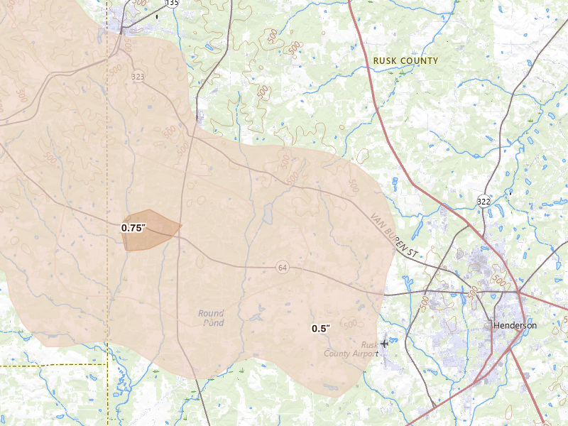 Radar-estimated hail-size map of the storm over Overton, TX on Mar 15, 2026