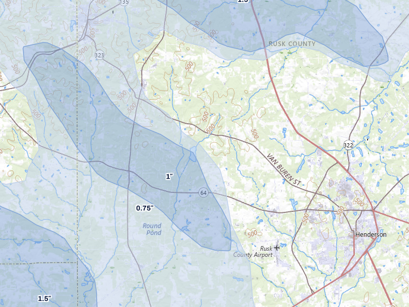 NEXRAD radar-signature map of the hail over Overton, TX