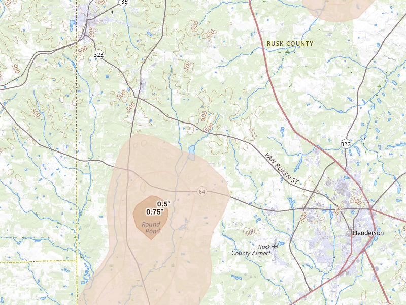 Radar-estimated hail-size map of the storm over Overton, TX on May 22, 2026