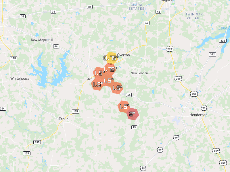 Hail map of Overton, TX on Jul 7, 2026, hail up to 2"