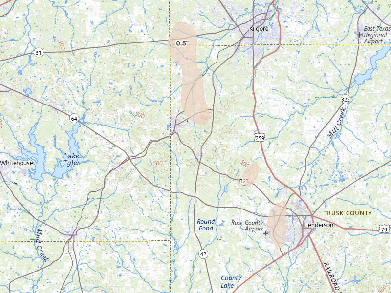Radar-estimated hail-size map of the storm over Overton, TX on Aug 22, 2026