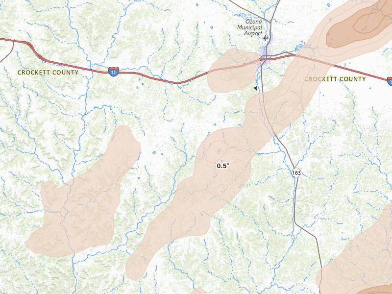 Radar-estimated hail-size map of the storm over Ozona, TX on Mar 10, 2026