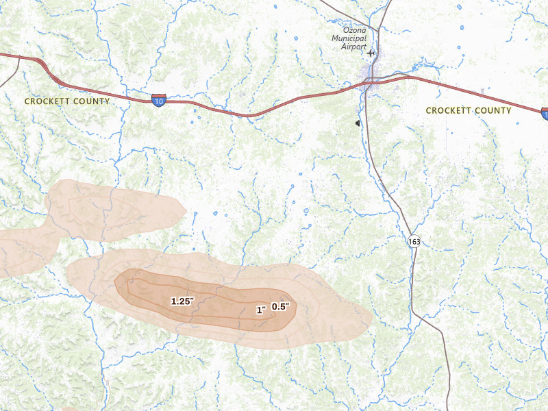 Radar-estimated hail-size map of the storm over Ozona, TX on Apr 29, 2026