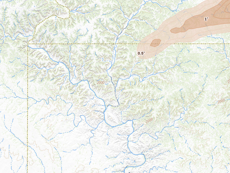 Radar-estimated hail-size map of the storm over Ozona, TX on May 5, 2026