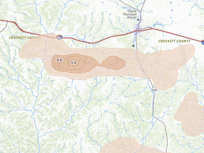 Radar-estimated hail-size map of the storm over Ozona, TX on May 21, 2026