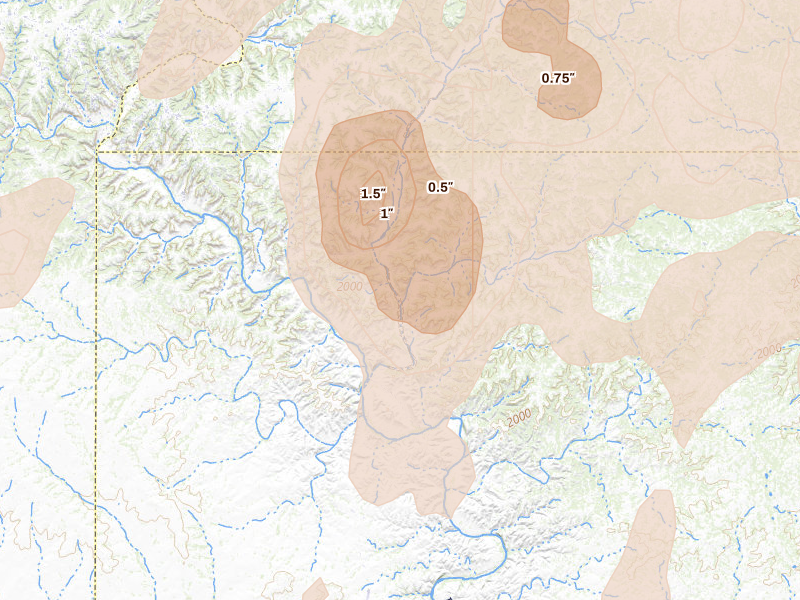 Radar-estimated hail-size map of the storm over Ozona, TX on May 22, 2026