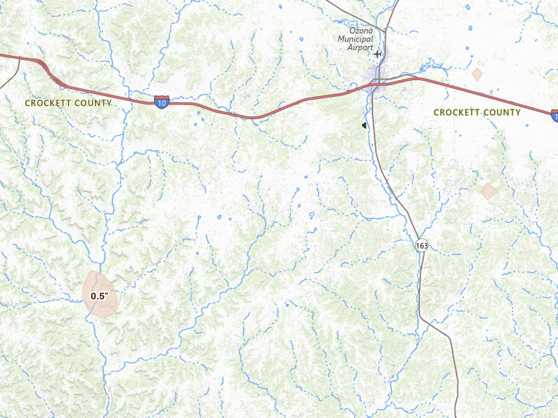 Radar-estimated hail-size map of the storm over Ozona, TX on May 23, 2026
