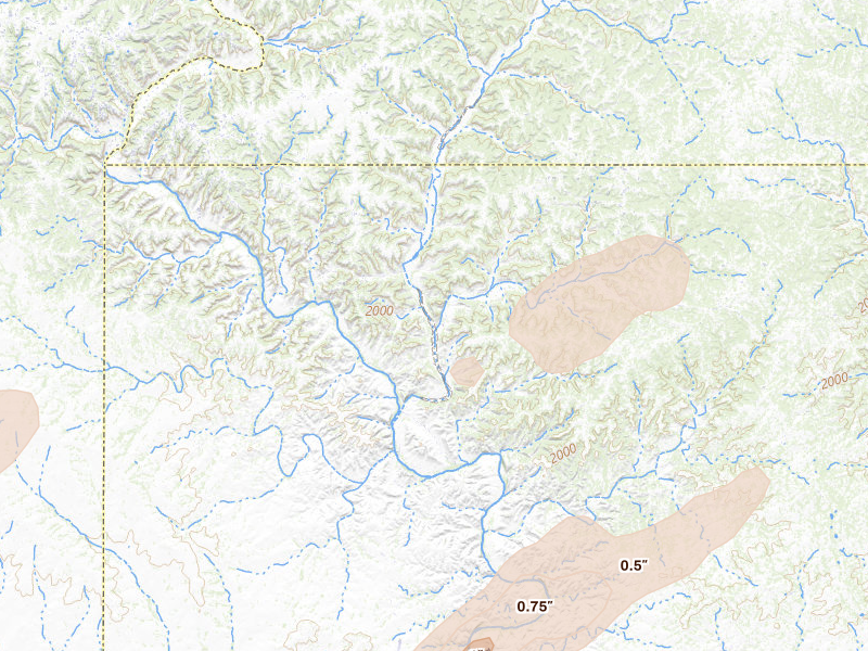 Radar-estimated hail-size map of the storm over Ozona, TX