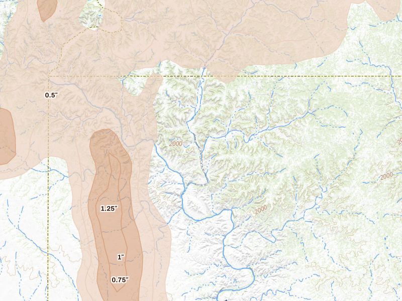 Radar-estimated hail-size map of the storm over Ozona, TX on Jun 18, 2026