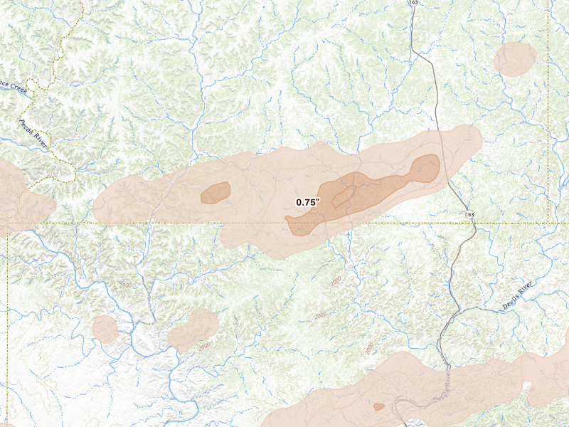 Radar-estimated hail-size map of the storm over Ozona, TX