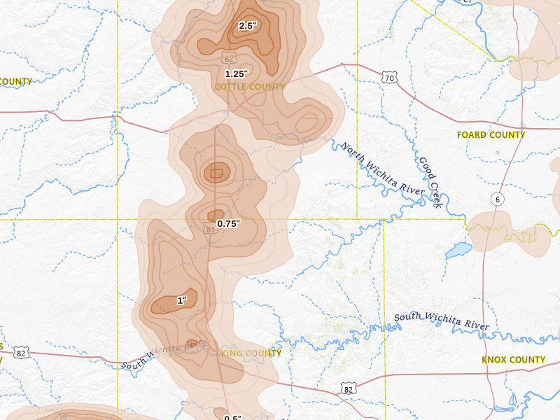 Radar-estimated hail-size map of the storm over Paducah, TX on Mar 31, 2026