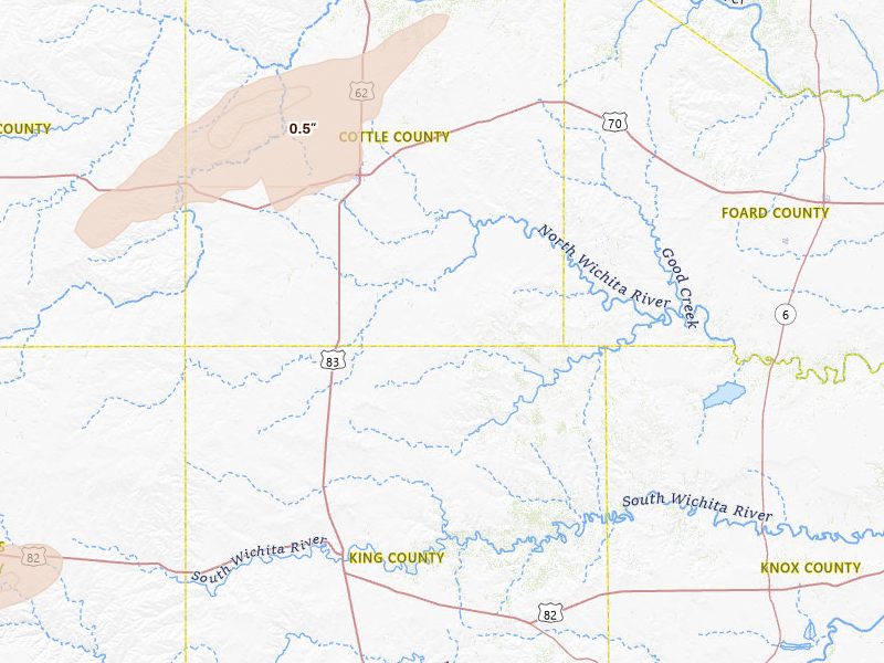 Radar-estimated hail-size map of the storm over Paducah, TX on May 15, 2026