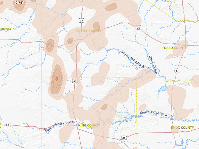 Radar-estimated hail-size map of the storm over Paducah, TX on May 22, 2026