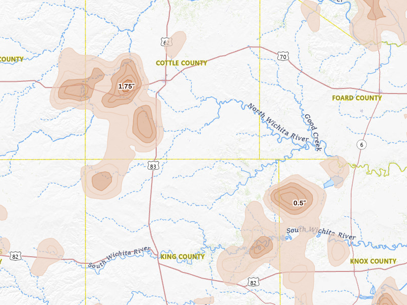 Radar-estimated hail-size map of the storm over Paducah, TX on Jul 5, 2026