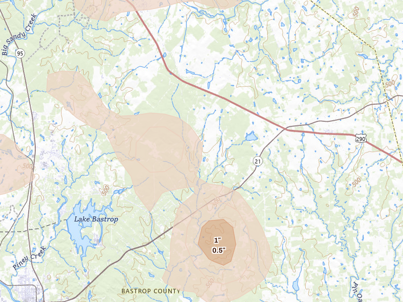 Radar-estimated hail-size map of the storm over Paige, TX on Aug 28, 2026