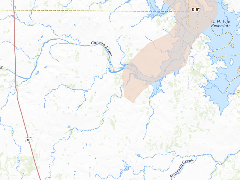 Radar-estimated hail-size map of the storm over Paint Rock, TX on Mar 10, 2026