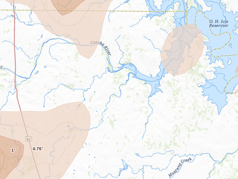 Radar-estimated hail-size map of the storm over Paint Rock, TX on May 19, 2026