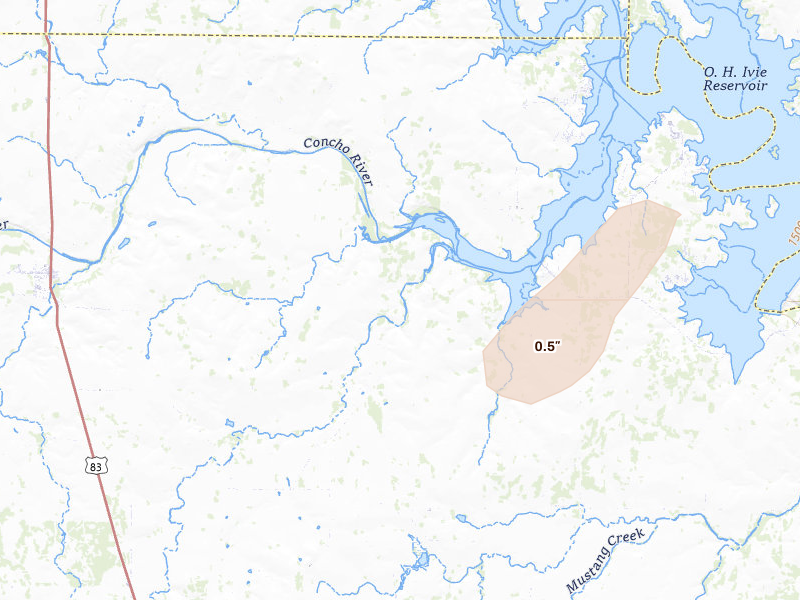Radar-estimated hail-size map of the storm over Paint Rock, TX on Jun 6, 2026