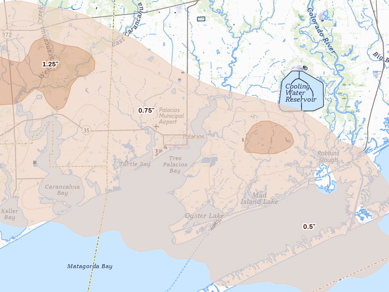 Radar-estimated hail-size map of the storm over Palacios, TX on May 1, 2026