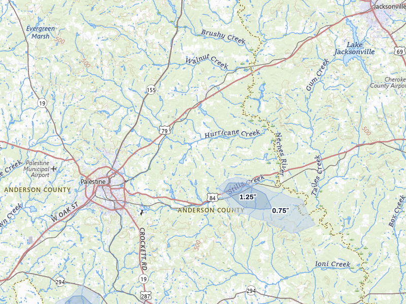 NEXRAD radar-signature map of the hail storm over Palestine, TX on Apr 29, 2026