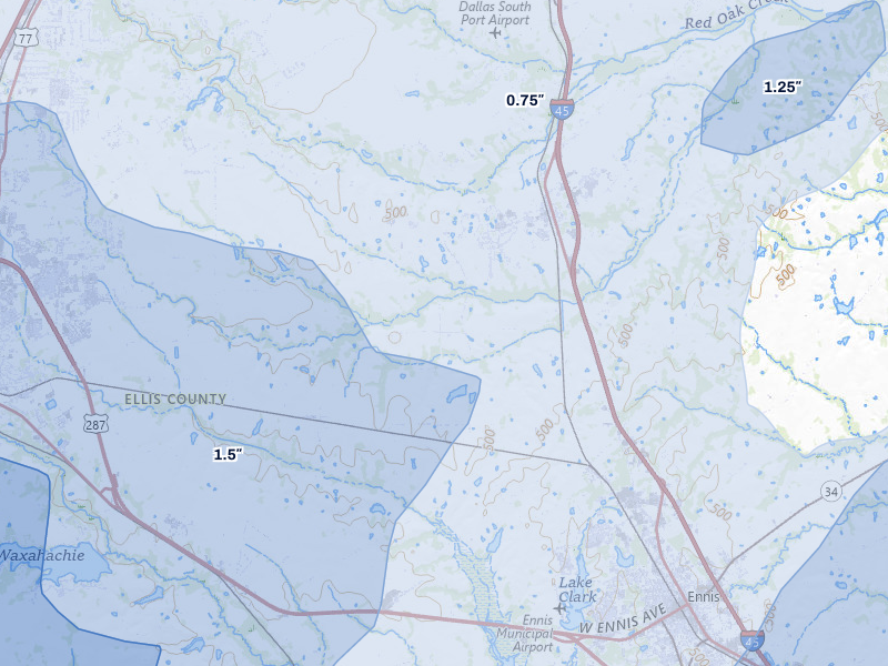 NEXRAD radar-signature map of the hail over Palmer, TX