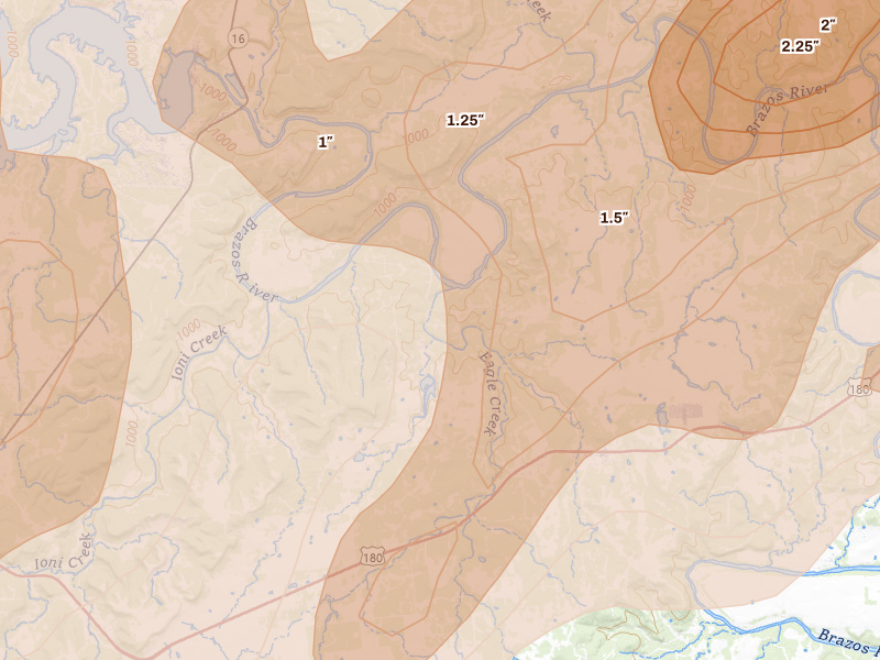Radar-estimated hail-size map of the storm over Palo Pinto, TX on Mar 10, 2026